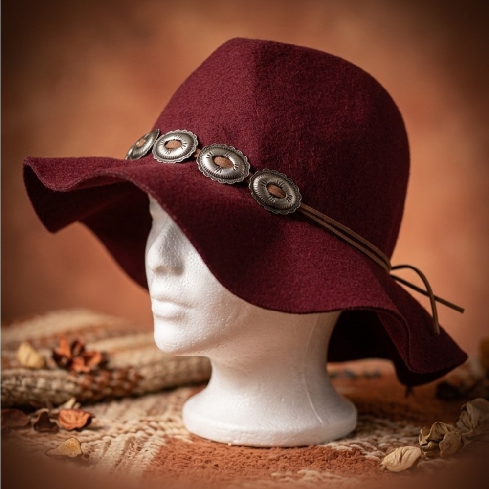 Bad Bones Burgundy Wool Felt Boho Concho Floppy Hat